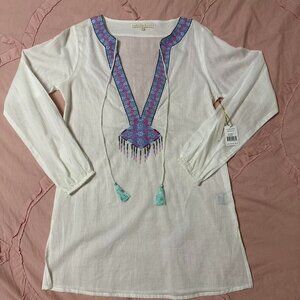 Cabana Beach white top/cover up with blue and pink embroidery and tassels.